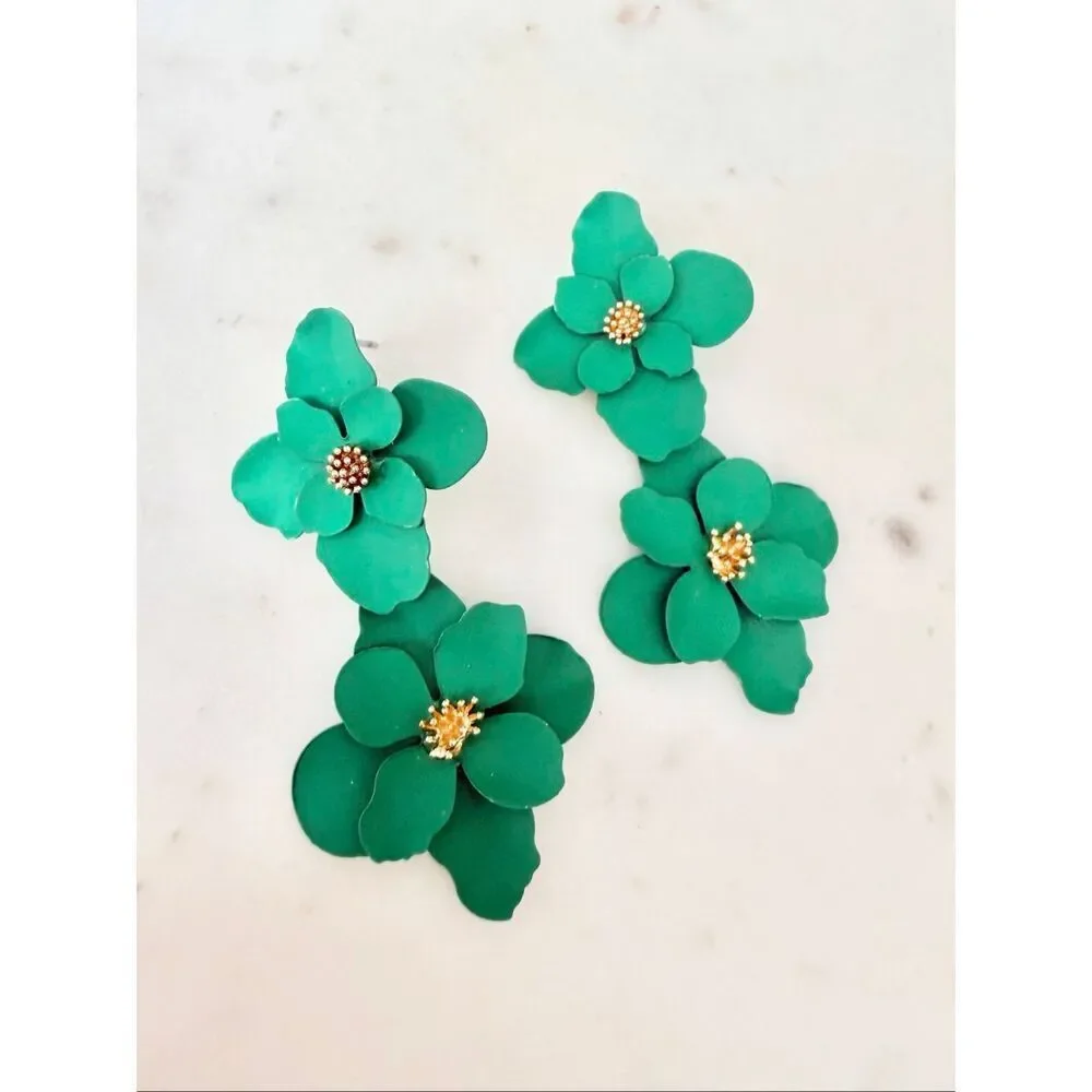 Emerald Green Floral Statement Earrings Layered Flower Drop Earrings Gold Tone